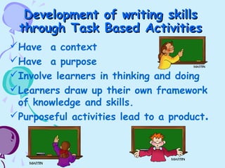 Development of writing skillsDevelopment of writing skills
through Task Based Activitiesthrough Task Based Activities
Have a context
Have a purpose
Involve learners in thinking and doing
Learners draw up their own framework
of knowledge and skills.
Purposeful activities lead to a product.
 