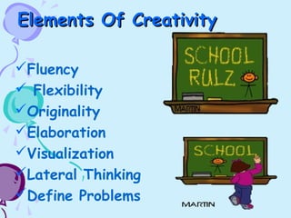 Elements Of CreativityElements Of Creativity
Fluency
 Flexibility
Originality
Elaboration
Visualization
Lateral Thinking
Define Problems
 