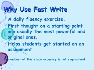 Why Use Fast WriteWhy Use Fast Write
A daily fluency exercise.
First thought on a starting point
are usually the most powerful and
original ones.
Helps students get started on an
assignment
Remember: at this stage accuracy is not emphasized
 