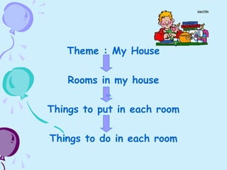 Theme : My House
Rooms in my house
Things to put in each room
Things to do in each room
 
