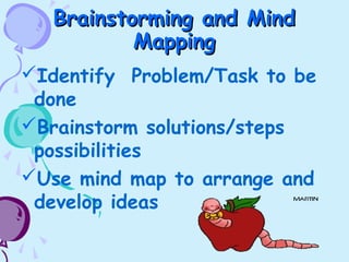 Brainstorming and MindBrainstorming and Mind
MappingMapping
Identify Problem/Task to be
done
Brainstorm solutions/steps
possibilities
Use mind map to arrange and
develop ideas
 