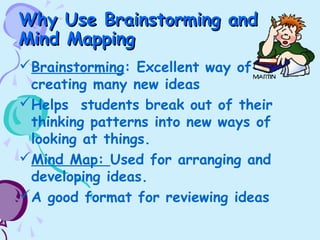 Why Use Brainstorming andWhy Use Brainstorming and
Mind MappingMind Mapping
Brainstorming: Excellent way of
creating many new ideas
Helps students break out of their
thinking patterns into new ways of
looking at things.
Mind Map: Used for arranging and
developing ideas.
A good format for reviewing ideas
 