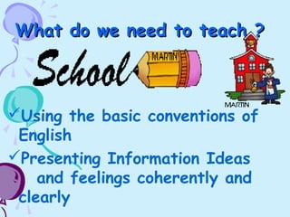 What do we need to teach ?What do we need to teach ?
Using the basic conventions of
English
Presenting Information Ideas
and feelings coherently and
clearly
 