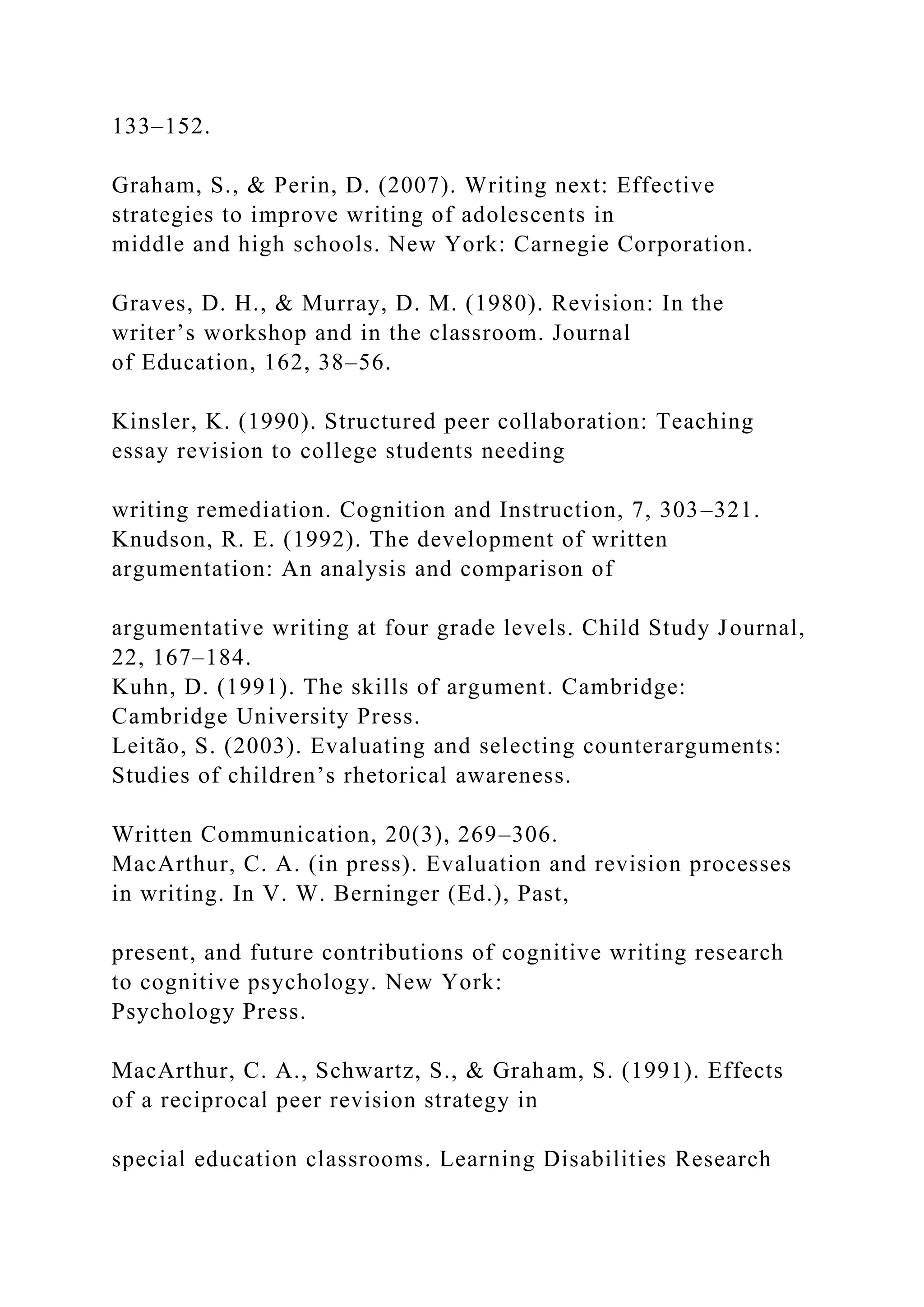 133–152.
Graham, S., & Perin, D. (2007). Writing next: Effective
strategies to improve writing of adolescents in
middle and high schools. New York: Carnegie Corporation.
Graves, D. H., & Murray, D. M. (1980). Revision: In the
writer’s workshop and in the classroom. Journal
of Education, 162, 38–56.
Kinsler, K. (1990). Structured peer collaboration: Teaching
essay revision to college students needing
writing remediation. Cognition and Instruction, 7, 303–321.
Knudson, R. E. (1992). The development of written
argumentation: An analysis and comparison of
argumentative writing at four grade levels. Child Study Journal,
22, 167–184.
Kuhn, D. (1991). The skills of argument. Cambridge:
Cambridge University Press.
Leitão, S. (2003). Evaluating and selecting counterarguments:
Studies of children’s rhetorical awareness.
Written Communication, 20(3), 269–306.
MacArthur, C. A. (in press). Evaluation and revision processes
in writing. In V. W. Berninger (Ed.), Past,
present, and future contributions of cognitive writing research
to cognitive psychology. New York:
Psychology Press.
MacArthur, C. A., Schwartz, S., & Graham, S. (1991). Effects
of a reciprocal peer revision strategy in
special education classrooms. Learning Disabilities Research
 