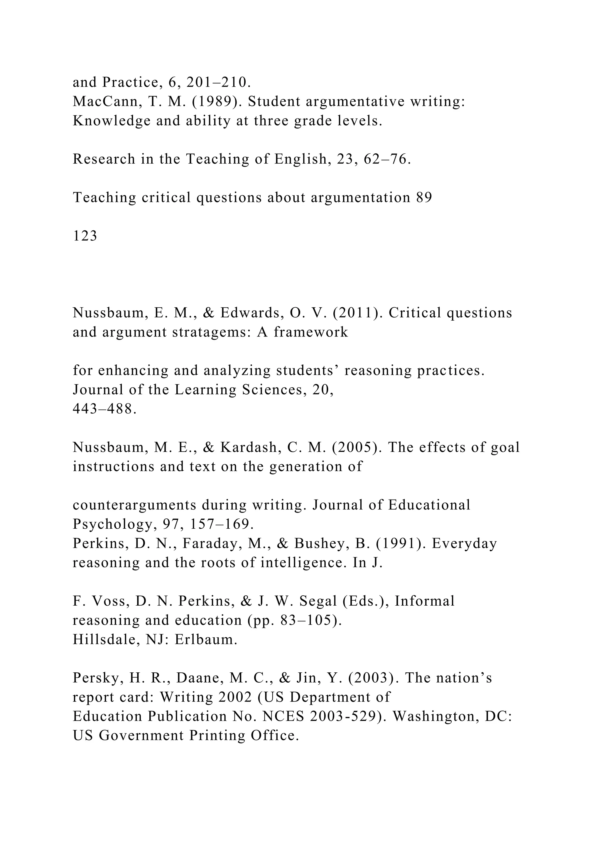 and Practice, 6, 201–210.
MacCann, T. M. (1989). Student argumentative writing:
Knowledge and ability at three grade levels.
Research in the Teaching of English, 23, 62–76.
Teaching critical questions about argumentation 89
123
Nussbaum, E. M., & Edwards, O. V. (2011). Critical questions
and argument stratagems: A framework
for enhancing and analyzing students’ reasoning practices.
Journal of the Learning Sciences, 20,
443–488.
Nussbaum, M. E., & Kardash, C. M. (2005). The effects of goal
instructions and text on the generation of
counterarguments during writing. Journal of Educational
Psychology, 97, 157–169.
Perkins, D. N., Faraday, M., & Bushey, B. (1991). Everyday
reasoning and the roots of intelligence. In J.
F. Voss, D. N. Perkins, & J. W. Segal (Eds.), Informal
reasoning and education (pp. 83–105).
Hillsdale, NJ: Erlbaum.
Persky, H. R., Daane, M. C., & Jin, Y. (2003). The nation’s
report card: Writing 2002 (US Department of
Education Publication No. NCES 2003-529). Washington, DC:
US Government Printing Office.
 