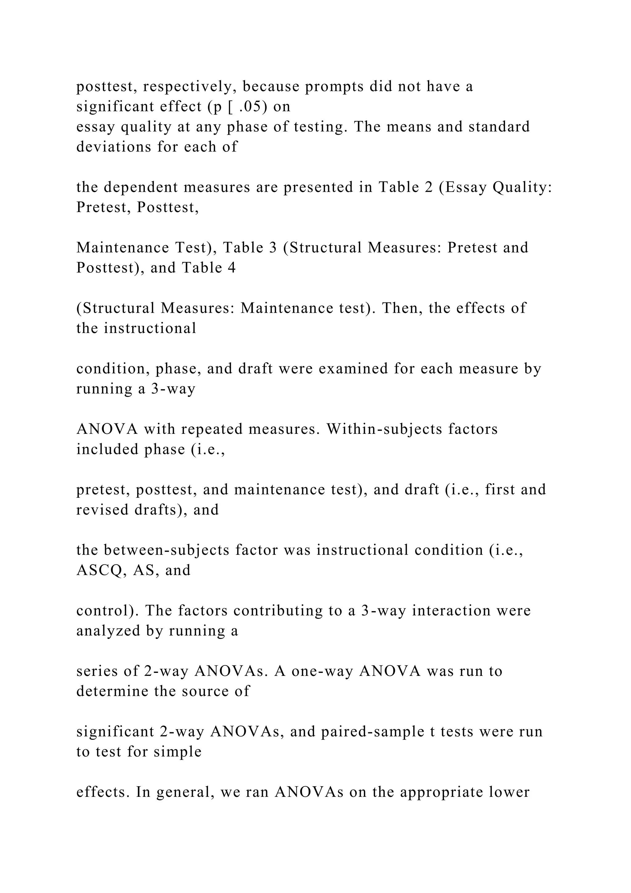 posttest, respectively, because prompts did not have a
significant effect (p [ .05) on
essay quality at any phase of testing. The means and standard
deviations for each of
the dependent measures are presented in Table 2 (Essay Quality:
Pretest, Posttest,
Maintenance Test), Table 3 (Structural Measures: Pretest and
Posttest), and Table 4
(Structural Measures: Maintenance test). Then, the effects of
the instructional
condition, phase, and draft were examined for each measure by
running a 3-way
ANOVA with repeated measures. Within-subjects factors
included phase (i.e.,
pretest, posttest, and maintenance test), and draft (i.e., first and
revised drafts), and
the between-subjects factor was instructional condition (i.e.,
ASCQ, AS, and
control). The factors contributing to a 3-way interaction were
analyzed by running a
series of 2-way ANOVAs. A one-way ANOVA was run to
determine the source of
significant 2-way ANOVAs, and paired-sample t tests were run
to test for simple
effects. In general, we ran ANOVAs on the appropriate lower
 