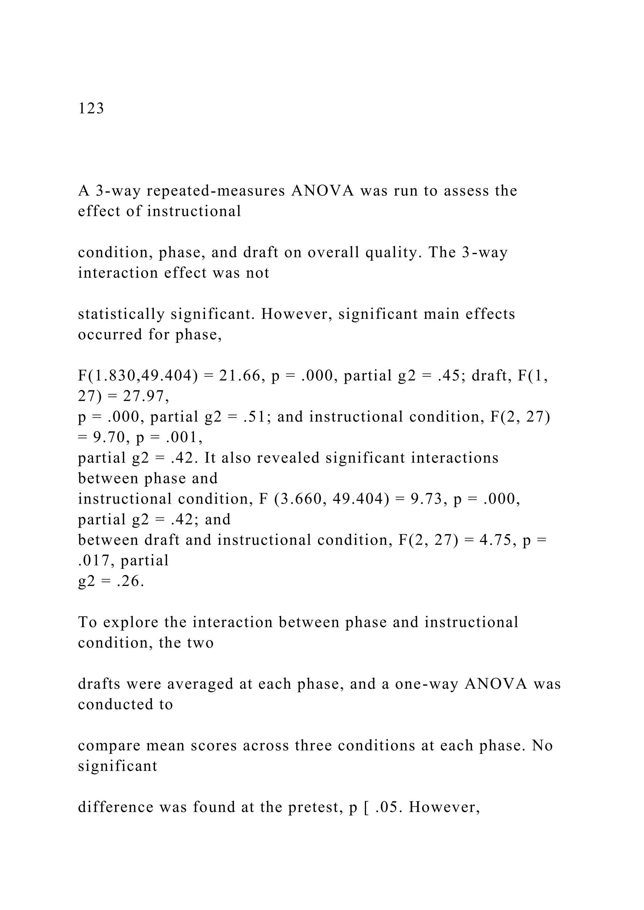 123
A 3-way repeated-measures ANOVA was run to assess the
effect of instructional
condition, phase, and draft on overall quality. The 3-way
interaction effect was not
statistically significant. However, significant main effects
occurred for phase,
F(1.830,49.404) = 21.66, p = .000, partial g2 = .45; draft, F(1,
27) = 27.97,
p = .000, partial g2 = .51; and instructional condition, F(2, 27)
= 9.70, p = .001,
partial g2 = .42. It also revealed significant interactions
between phase and
instructional condition, F (3.660, 49.404) = 9.73, p = .000,
partial g2 = .42; and
between draft and instructional condition, F(2, 27) = 4.75, p =
.017, partial
g2 = .26.
To explore the interaction between phase and instructional
condition, the two
drafts were averaged at each phase, and a one-way ANOVA was
conducted to
compare mean scores across three conditions at each phase. No
significant
difference was found at the pretest, p [ .05. However,
 