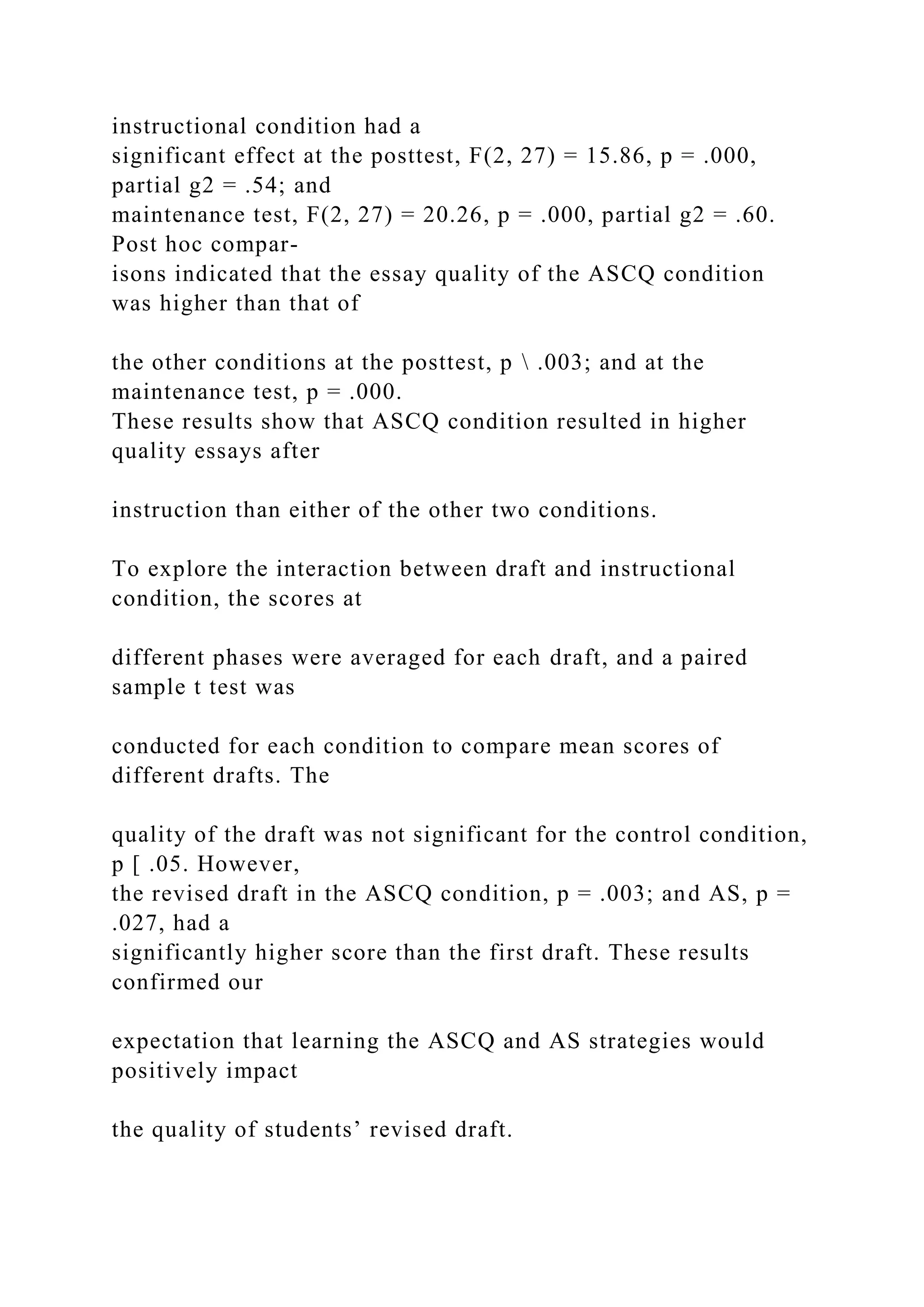 instructional condition had a
significant effect at the posttest, F(2, 27) = 15.86, p = .000,
partial g2 = .54; and
maintenance test, F(2, 27) = 20.26, p = .000, partial g2 = .60.
Post hoc compar-
isons indicated that the essay quality of the ASCQ condition
was higher than that of
the other conditions at the posttest, p  .003; and at the
maintenance test, p = .000.
These results show that ASCQ condition resulted in higher
quality essays after
instruction than either of the other two conditions.
To explore the interaction between draft and instructional
condition, the scores at
different phases were averaged for each draft, and a paired
sample t test was
conducted for each condition to compare mean scores of
different drafts. The
quality of the draft was not significant for the control condition,
p [ .05. However,
the revised draft in the ASCQ condition, p = .003; and AS, p =
.027, had a
significantly higher score than the first draft. These results
confirmed our
expectation that learning the ASCQ and AS strategies would
positively impact
the quality of students’ revised draft.
 