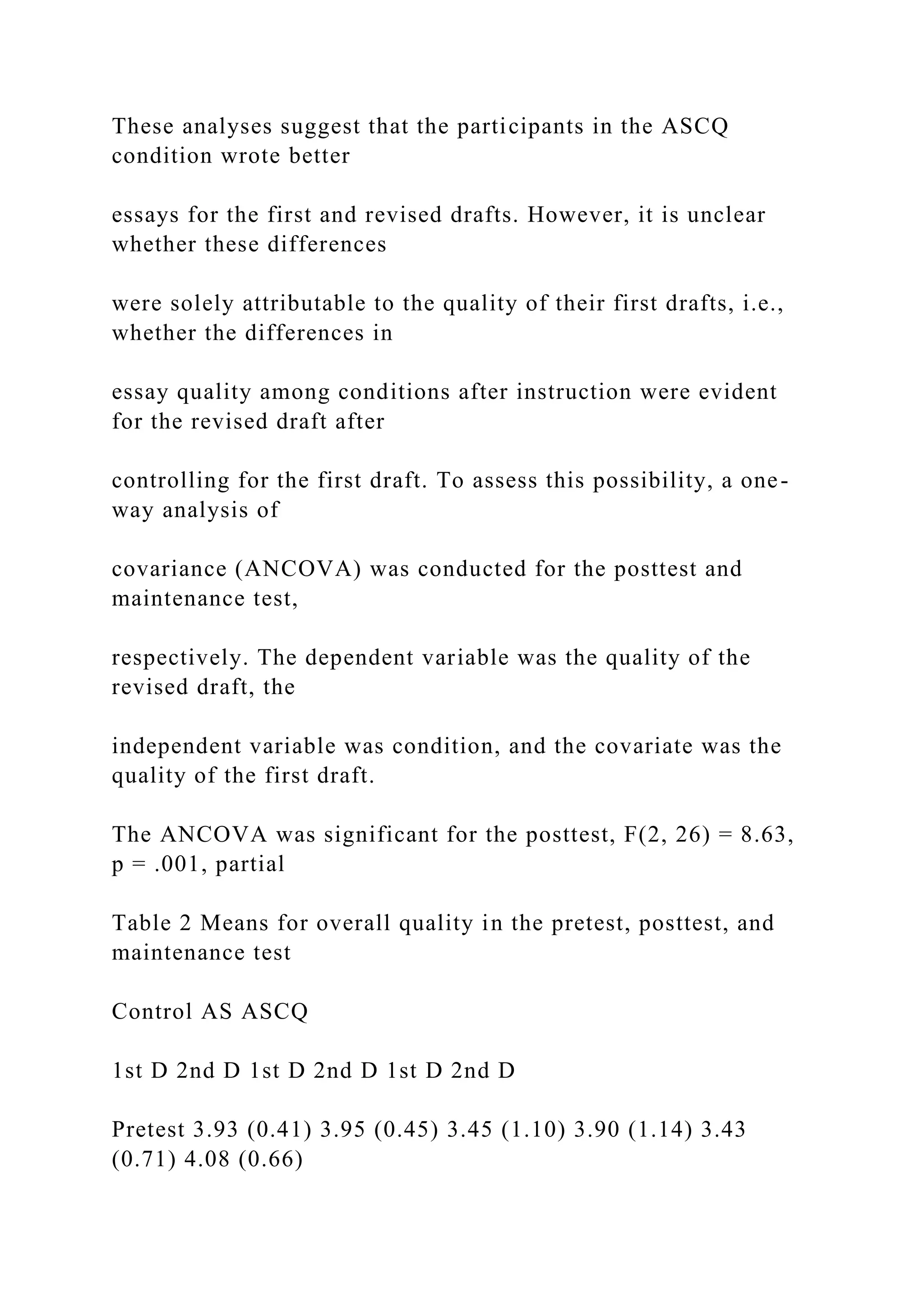 These analyses suggest that the participants in the ASCQ
condition wrote better
essays for the first and revised drafts. However, it is unclear
whether these differences
were solely attributable to the quality of their first drafts, i.e.,
whether the differences in
essay quality among conditions after instruction were evident
for the revised draft after
controlling for the first draft. To assess this possibility, a one-
way analysis of
covariance (ANCOVA) was conducted for the posttest and
maintenance test,
respectively. The dependent variable was the quality of the
revised draft, the
independent variable was condition, and the covariate was the
quality of the first draft.
The ANCOVA was significant for the posttest, F(2, 26) = 8.63,
p = .001, partial
Table 2 Means for overall quality in the pretest, posttest, and
maintenance test
Control AS ASCQ
1st D 2nd D 1st D 2nd D 1st D 2nd D
Pretest 3.93 (0.41) 3.95 (0.45) 3.45 (1.10) 3.90 (1.14) 3.43
(0.71) 4.08 (0.66)
 