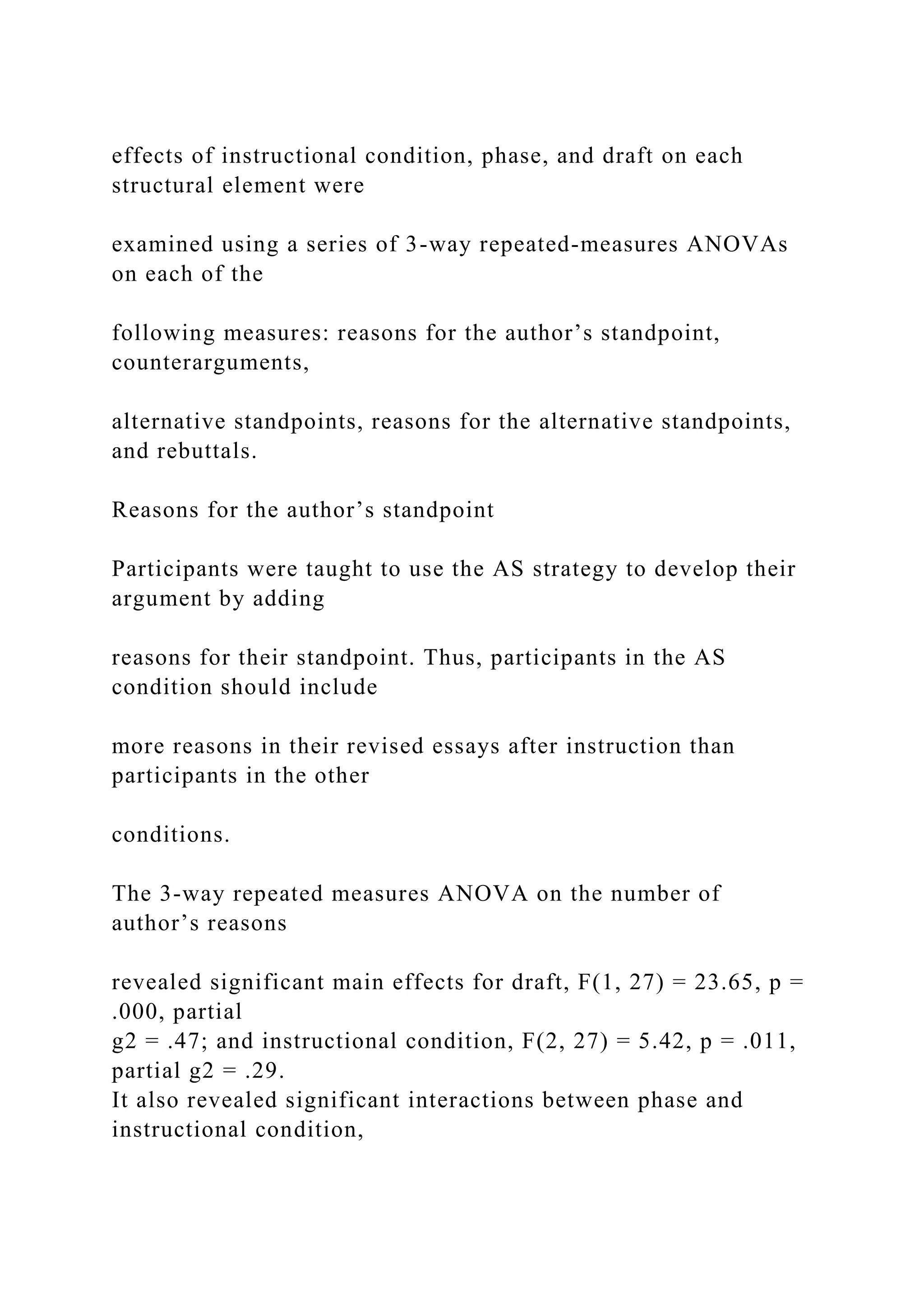 effects of instructional condition, phase, and draft on each
structural element were
examined using a series of 3-way repeated-measures ANOVAs
on each of the
following measures: reasons for the author’s standpoint,
counterarguments,
alternative standpoints, reasons for the alternative standpoints,
and rebuttals.
Reasons for the author’s standpoint
Participants were taught to use the AS strategy to develop their
argument by adding
reasons for their standpoint. Thus, participants in the AS
condition should include
more reasons in their revised essays after instruction than
participants in the other
conditions.
The 3-way repeated measures ANOVA on the number of
author’s reasons
revealed significant main effects for draft, F(1, 27) = 23.65, p =
.000, partial
g2 = .47; and instructional condition, F(2, 27) = 5.42, p = .011,
partial g2 = .29.
It also revealed significant interactions between phase and
instructional condition,
 