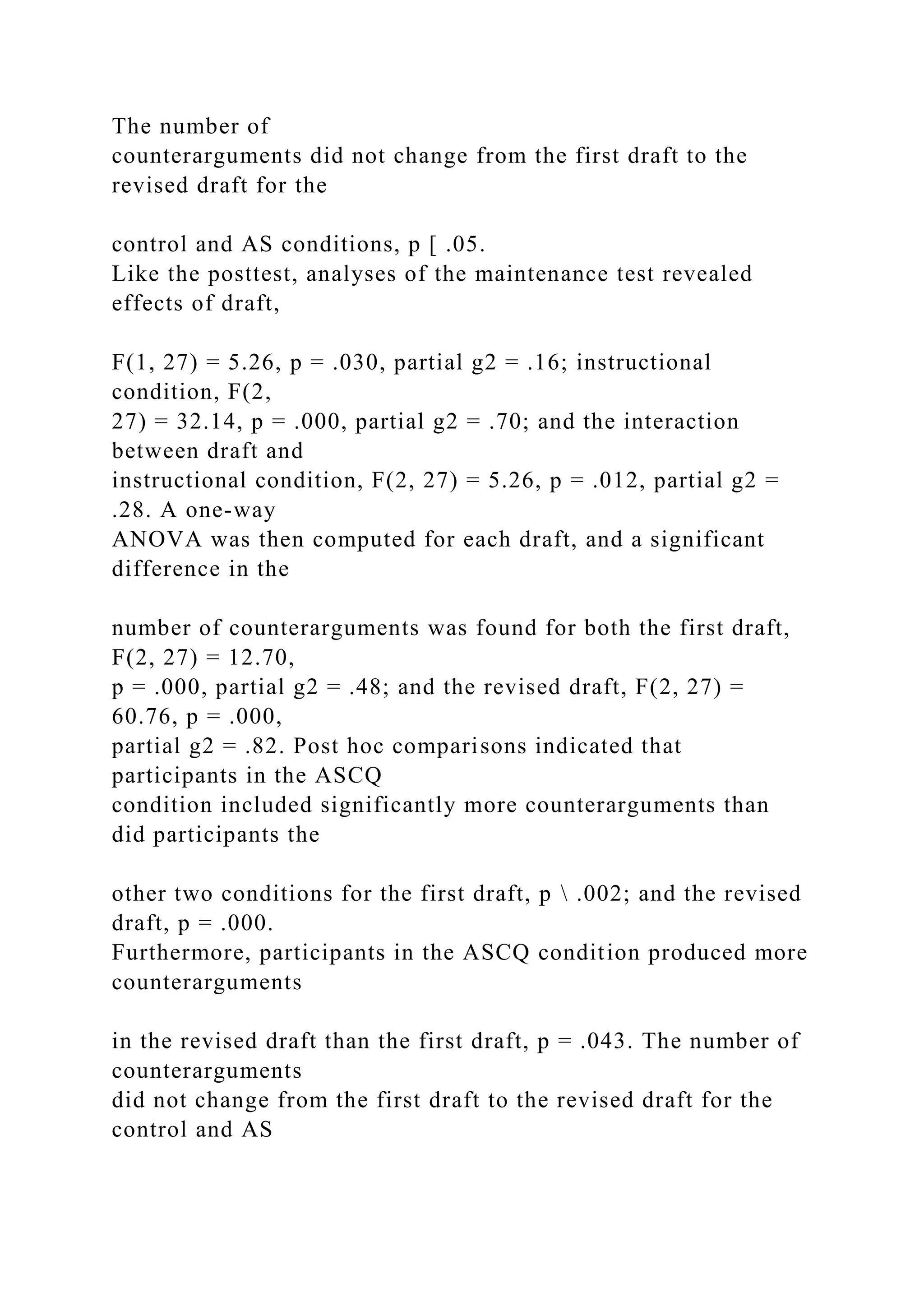The number of
counterarguments did not change from the first draft to the
revised draft for the
control and AS conditions, p [ .05.
Like the posttest, analyses of the maintenance test revealed
effects of draft,
F(1, 27) = 5.26, p = .030, partial g2 = .16; instructional
condition, F(2,
27) = 32.14, p = .000, partial g2 = .70; and the interaction
between draft and
instructional condition, F(2, 27) = 5.26, p = .012, partial g2 =
.28. A one-way
ANOVA was then computed for each draft, and a significant
difference in the
number of counterarguments was found for both the first draft,
F(2, 27) = 12.70,
p = .000, partial g2 = .48; and the revised draft, F(2, 27) =
60.76, p = .000,
partial g2 = .82. Post hoc comparisons indicated that
participants in the ASCQ
condition included significantly more counterarguments than
did participants the
other two conditions for the first draft, p  .002; and the revised
draft, p = .000.
Furthermore, participants in the ASCQ condition produced more
counterarguments
in the revised draft than the first draft, p = .043. The number of
counterarguments
did not change from the first draft to the revised draft for the
control and AS
 