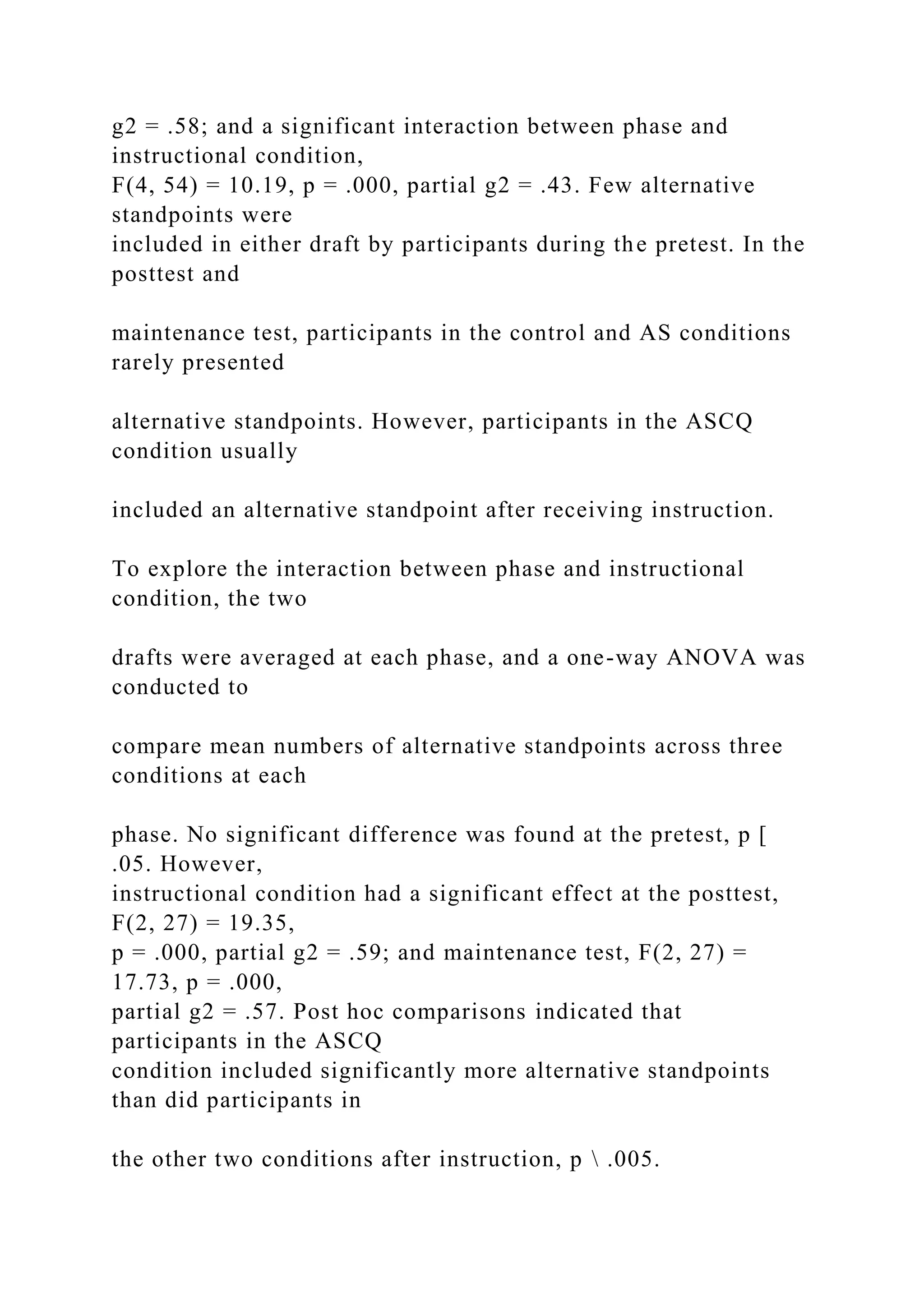 g2 = .58; and a significant interaction between phase and
instructional condition,
F(4, 54) = 10.19, p = .000, partial g2 = .43. Few alternative
standpoints were
included in either draft by participants during the pretest. In the
posttest and
maintenance test, participants in the control and AS conditions
rarely presented
alternative standpoints. However, participants in the ASCQ
condition usually
included an alternative standpoint after receiving instruction.
To explore the interaction between phase and instructional
condition, the two
drafts were averaged at each phase, and a one-way ANOVA was
conducted to
compare mean numbers of alternative standpoints across three
conditions at each
phase. No significant difference was found at the pretest, p [
.05. However,
instructional condition had a significant effect at the posttest,
F(2, 27) = 19.35,
p = .000, partial g2 = .59; and maintenance test, F(2, 27) =
17.73, p = .000,
partial g2 = .57. Post hoc comparisons indicated that
participants in the ASCQ
condition included significantly more alternative standpoints
than did participants in
the other two conditions after instruction, p  .005.
 