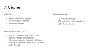 A-B toxins
ORIGINS
- Potentially bacteriophage
- Horizontal gene transfer
- Insertion/deletion
Basic structure : A …. and B
- Active component (enzyme or other
activity in target cell[s]/tissue)
- Binding component (receptor - binding -
specificity) allows for the toxin to be taken
in by the cell.
Types of AB toxins
- AB (botulinum toxin)
- AB2 (cytolethal distending toxin)
- AB5 (cholera toxin)
 