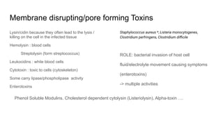 Membrane disrupting/pore forming Toxins
Lysin/cidin because they often lead to the lysis /
killing on the cell in the infected tissue
Hemolysin : blood cells
Streptolysin (form streptococcus)
Leukocidins : white blood cells
Cytotoxin : toxic to cells (cytoskeleton)
Some carry lipase/phospholipase activity
Enterotoxins
Staphylococcus aureus *, Listeria monocytogenes,
Clostridium perfringens, Clostridium diﬃcile
ROLE: bacterial invasion of host cell
fluid/electrolyte movement causing symptoms
(enterotoxins)
-> multiple activities
Phenol Soluble Modulins, Cholesterol dependent cytolysin (Listeriolysin), Alpha-toxin ….
 