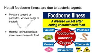 Not all foodborne illness are due to bacterial agents
● Most are caused by
parasites, viruses, fungi or
bacteria
● Harmful toxins/chemicals
also can contaminate food
 