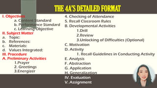 I. Objectives
a. Content Standard
b. Performance Standard
c. Learning Objective
II. Subject Matter
a. Topic:
b. References:
c. Materials:
d. Values Integrated:
III. Procedure
A. Preliminary Activities
1.Prayer
2. Greetings
3.Energizer
THE 4A’S DETAILED FORMAT
4. Checking of Attendance
5. Recall Classroom Rules
B. Developmental Activities
1.Drill
2.Review
3.Unlocking of Difficulties (Optional)
C. Motivation
D. Activity
1. Recall Guidelines in Conducting Activity
E. Analysis
F. Abstraction
G. Application
H. Generalization
IV. Evaluation
V. Assignment
 