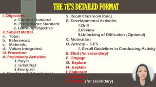I. Objectives
a. Content Standard
b. Performance Standard
c. Learning Objective
II. Subject Matter
a. Topic:
b. References:
c. Materials:
d. Values Integrated:
III. Procedure
A. Preliminary Activities
1.Prayer
2. Greetings
3.Energizer
4. Checking of Attendance/
Assignment
THE 7E’S DETAILED FORMAT
5. Recall Classroom Rules
B. Developmental Activities
1.Drill
2.Review
3.Unlocking of Difficulties (Optional)
C. Motivation
D. Activity – 5 E’S
1. Recall Guidelines in Conducting Activity
E. Elicit (for secondary)
F. Engage
G. Explore
H. Explain
I. Elaborate
J. Evaluate
H. Extend (for secondary)
 