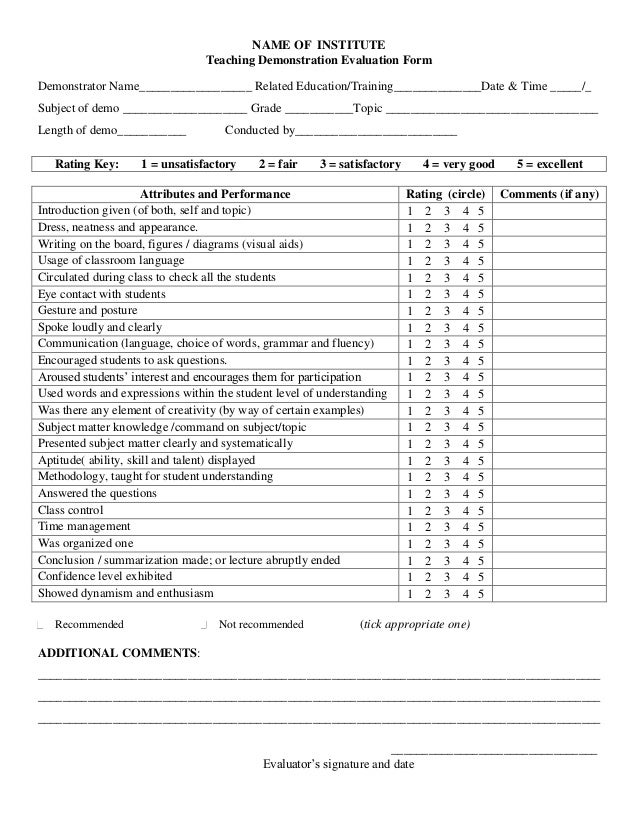 teaching demonstration evaluation form teacher feedback forms