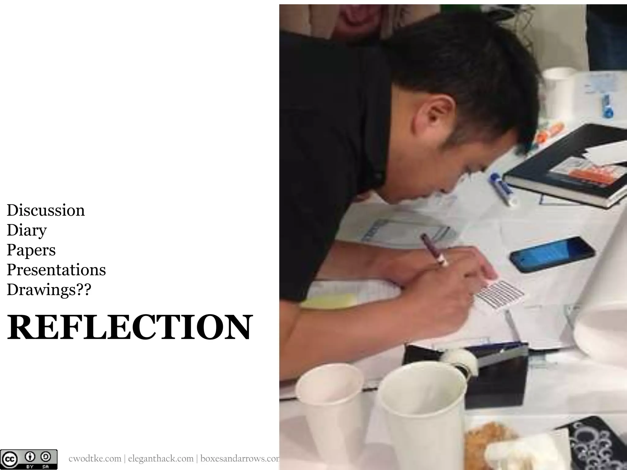 Discussion
Diary
Papers
Presentations
Drawings??

REFLECTION

@cwodtke |

cwodtke.com | eleganthack.com | boxesandarrows.com | Creative Commons Share Alike

 