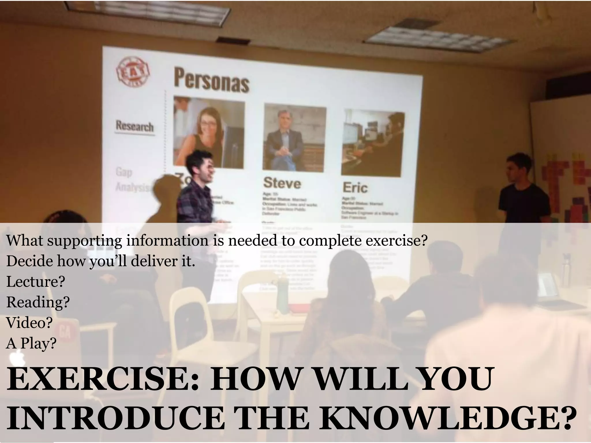 What supporting information is needed to complete exercise?
Decide how you’ll deliver it.
Lecture?
Reading?
Video?
A Play?

EXERCISE: HOW WILL YOU
INTRODUCE THE KNOWLEDGE?
@cwodtke |

cwodtke.com | eleganthack.com | boxesandarrows.com | Creative Commons Share Alike

 