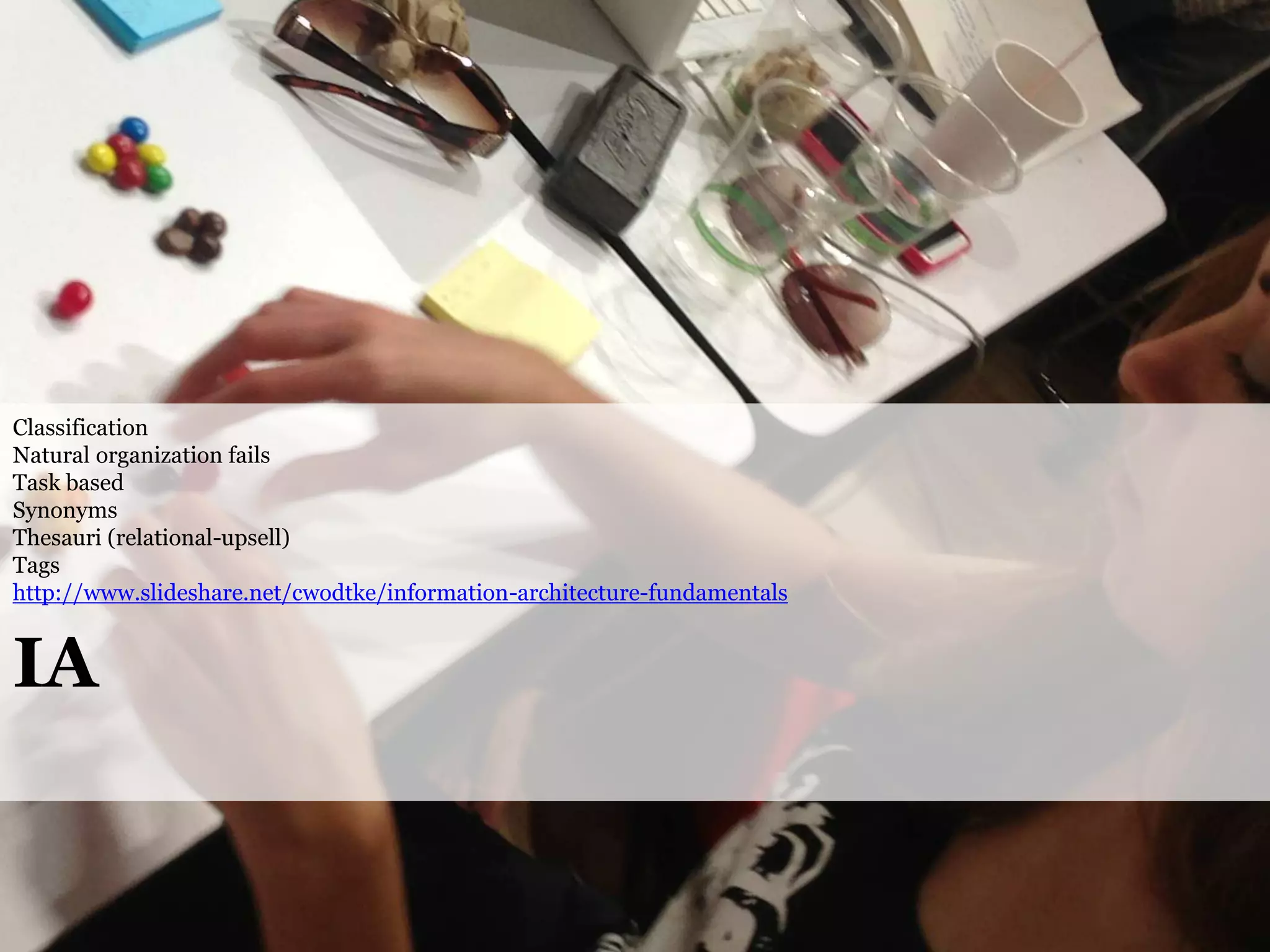 Classification
Natural organization fails
Task based
Synonyms
Thesauri (relational-upsell)
Tags
http://www.slideshare.net/cwodtke/information-architecture-fundamentals

IA

@cwodtke |

cwodtke.com | eleganthack.com | boxesandarrows.com | Creative Commons Share Alike

 