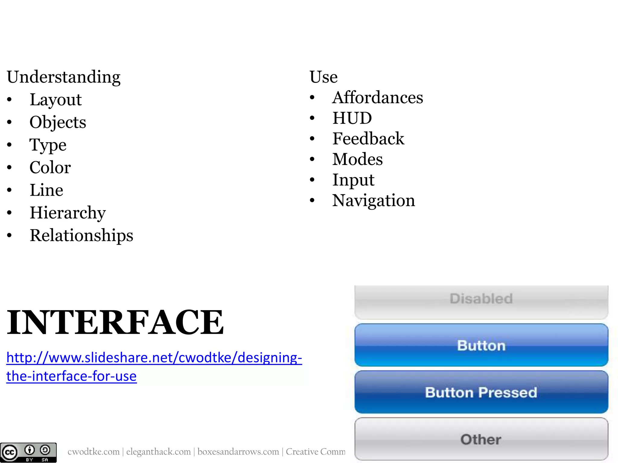 Understanding
• Layout
• Objects
• Type
• Color
• Line
• Hierarchy
• Relationships

Use
• Affordances
• HUD
• Feedback
• Modes
• Input
• Navigation

INTERFACE
http://www.slideshare.net/cwodtke/designingthe-interface-for-use

@cwodtke |

cwodtke.com | eleganthack.com | boxesandarrows.com | Creative Commons Share Alike

 