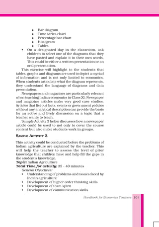 Handbook for Economics Teachers 101
♦ Bar diagram
♦ Time series chart
♦ Percentage bar chart
♦ Histogram
♦ Tables
• On a designated day in the classroom, ask
children to select one of the diagrams that they
have pasted and explain it in their own words.
This could be either a written presentation or an
oral presentation.
This exercise will highlight to the students that
tables, graphs and diagrams are used to depict a myriad
of information and is not only limited to economics.
When students articulate what the diagram represents,
they understand the language of diagrams and data
presentation.
Newspapers and magazines are particularly relevant
when teaching Indian economics in Class XI. Newspaper
and magazine articles make very good case studies.
Articles that list out facts, events or government policies
without any analytical description can provide the basis
for an active and lively discussion on a topic that a
teacher wants to teach.
Sample Activity 3 below discusses how a newspaper
article could be used to not only to cover the course
content but also make students work in groups.
SAMPLE ACTIVITY 3
This activity could be conducted before the problems of
Indian agriculture are explained by the teacher. This
will help the teacher to assess the level of prior
knowledge that children have and help fill the gaps in
the student’s knowledge.
Topic: Indian Agriculture
Total Time for activity: 35 - 40 minutes
General Objectives:
• Understanding of problems and issues faced by
Indian agriculture
• Development of higher order thinking skills
• Development of team spirit
• Development of communication skills
 