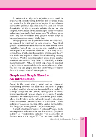 Handbook for Economics Teachers 157
In economics, algebraic equations are used to
illustrate the relationship between two or more than
two variables. In the previous chapter, it was shown
how an the previous equation is useful than the verbal
description of the economic relationships. In this
chapter, we will look at data relating to some economic
indicators given in algebraic equations. We will also learn
how they are converted into graphs which help in
learning economics concepts better.
The graphs we use may be referred to as analytical,
as opposed to empirical or data graphs. Analytical
graphs illustrate the relationship between two or more
variables based on the concepts, variables and
assumptions of economic theories. In a very direct
sense, these graphs are illustrations of economic theory
and their assumptions about the relationship among
variables. What is most important about these graphs
to economics is what they mean economically and not
mathematically. What is most important in reading
graphs is to understand the relationship between what
you see on the graph and the underlying economic
theory, its concepts and assumptions.
Graph and Graph Sheet –
An Introduction
Graph is the most widely used tool to represent
relationship between two economic variables. A graph
is a diagram that shows how two variables are related.
Though computers are used to draw graphs in recent
times, traditionally graph sheets were used. A graph
sheet that we normally use is a centimeter graph sheet,
where the divisions are in millimeters and centimeters.
Each centimeter denotes a unit of a variable. Each
millimeter denotes a fraction of the unit of the variable.
See the graph sheet given in the previous page.
A graph sheet has two axes- X-axis and Y-axis. Each
axis represents the number line from –ve £ (negative
infinity) to +ve £ (positive infinity). The intersection of
the two axes is the origin “0”. The two axes divide the
 