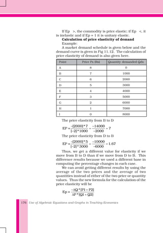 Use of Algebraic Equations and Graphs in Teaching Economics176
8
7
6
5
4
3
2
1
0
0
1000
2000
3000
4000
5000
6000
7000
8000
If Ep >, the commodity is price elastic; if Ep <, it
is inelastic and if Ep = 1 it is unitary elastic.
Calculation of price elasticity of demand
Example:
A market demand schedule is given below and the
demand curve is given in Fig 11.12. The calculation of
price elasticity of demand is also given here.
Point Price Px (Rs) Quantity demanded-Qdx
A
B
C
D
E
F
G
H
I
The price elasticity from B to D
− −
= =
− −
[2000]* 7 14000
EP = 7
[ 2]*1000 2000
The price elasticity from D to B
− −
= =
− −
[2000]* 5 10000
EP = 1.67
[ 2]* 3000 6000
Thus, we get a different value for elasticity if we
move from B to D than if we move from D to B. This
difference results because we used a different base in
computing the percentage changes in each case.
We can avoid getting different results by using the
average of the two prices and the average of two
quantities instead of either of the two price or quantity
values. Thus the new formula for the calculation of the
price elasticity will be
−Δ +
Δ +
Q *[P1 P2]
Ep =
P *[Q1 Q2]
 