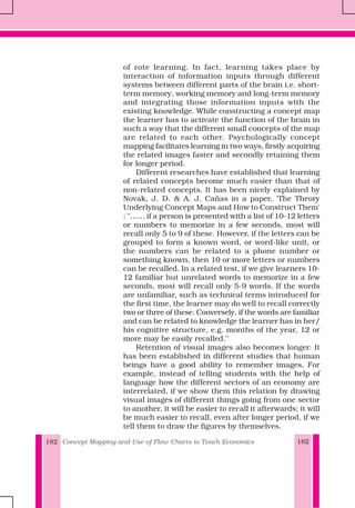 Concept Mapping and Use of Flow Charts to Teach Economics182
of rote learning. In fact, learning takes place by
interaction of information inputs through different
systems between different parts of the brain i.e. short-
term memory, working memory and long-term memory
and integrating those information inputs with the
existing knowledge. While constructing a concept map
the learner has to activate the function of the brain in
such a way that the different small concepts of the map
are related to each other. Psychologically concept
mapping facilitates learning in two ways, firstly acquiring
the related images faster and secondly retaining them
for longer period.
Different researches have established that learning
of related concepts become much easier than that of
non-related concepts. It has been nicely explained by
Novak, J. D. & A. J. Cañas in a paper, 'The Theory
Underlying Concept Maps and How to Construct Them'
: "…… if a person is presented with a list of 10-12 letters
or numbers to memorize in a few seconds, most will
recall only 5 to 9 of these. However, if the letters can be
grouped to form a known word, or word-like unit, or
the numbers can be related to a phone number or
something known, then 10 or more letters or numbers
can be recalled. In a related test, if we give learners 10-
12 familiar but unrelated words to memorize in a few
seconds, most will recall only 5-9 words. If the words
are unfamiliar, such as technical terms introduced for
the first time, the learner may do well to recall correctly
two or three of these. Conversely, if the words are familiar
and can be related to knowledge the learner has in her/
his cognitive structure, e.g. months of the year, 12 or
more may be easily recalled."
Retention of visual images also becomes longer. It
has been established in different studies that human
beings have a good ability to remember images. For
example, instead of telling students with the help of
language how the different sectors of an economy are
interrelated, if we show them this relation by drawing
visual images of different things going from one sector
to another, it will be easier to recall it afterwards; it will
be much easier to recall, even after longer period, if we
tell them to draw the figures by themselves.
182
 