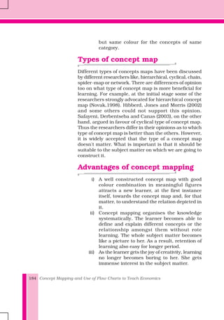 Concept Mapping and Use of Flow Charts to Teach Economics184
but same colour for the concepts of same
category.
Types of concept map
Different types of concepts maps have been discussed
by different researchers like, hierarchical, cyclical, chain,
spider-map or network. There are differences of opinion
too on what type of concept map is more beneficial for
learning. For example, at the initial stage some of the
researchers strongly advocated for hierarchical concept
map (Novak,1998). Hibberd, Jones and Morris (2002)
and some others could not support this opinion.
Safayeni, Derbentseba and Canas (2003), on the other
hand, argued in favour of cyclical type of concept map.
Thus the researchers differ in their opinions as to which
type of concept map is better than the others. However,
it is widely accepted that the type of a concept map
doesn't matter. What is important is that it should be
suitable to the subject matter on which we are going to
construct it.
Advantages of concept mapping
i) A well constructed concept map with good
colour combination in meaningful figures
attracts a new learner, at the first instance
itself, towards the concept map and, for that
matter, to understand the relation depicted in
it.
ii) Concept mapping organises the knowledge
systematically. The learner becomes able to
define and explain different concepts or the
relationship amongst them without rote
learning. The whole subject matter becomes
like a picture to her. As a result, retention of
learning also easy for longer period.
iii) As the learner gets the joy of creativity, learning
no longer becomes boring to her. She gets
immense interest in the subject matter.
 
