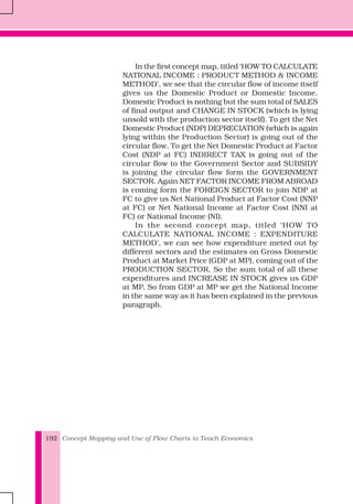 Concept Mapping and Use of Flow Charts to Teach Economics192
In the first concept map, titled ‘HOW TO CALCULATE
NATIONAL INCOME : PRODUCT METHOD & INCOME
METHOD’, we see that the circular flow of income itself
gives us the Domestic Product or Domestic Income.
Domestic Product is nothing but the sum total of SALES
of final output and CHANGE IN STOCK (which is lying
unsold with the production sector itself). To get the Net
Domestic Product (NDP) DEPRECIATION (which is again
lying within the Production Sector) is going out of the
circular flow. To get the Net Domestic Product at Factor
Cost (NDP at FC) INDIRECT TAX is going out of the
circular flow to the Government Sector and SUBSIDY
is joining the circular flow form the GOVERNMENT
SECTOR. Again NET FACTOR INCOME FROM ABROAD
is coming form the FOREIGN SECTOR to join NDP at
FC to give us Net National Product at Factor Cost (NNP
at FC) or Net National Income at Factor Cost (NNI at
FC) or National Income (NI).
In the second concept map, titled ‘HOW TO
CALCULATE NATIONAL INCOME : EXPENDITURE
METHOD’, we can see how expenditure meted out by
different sectors and the estimates on Gross Domestic
Product at Market Price (GDP at MP), coming out of the
PRODUCTION SECTOR. So the sum total of all these
expenditures and INCREASE IN STOCK gives us GDP
at MP. So from GDP at MP we get the National Income
in the same way as it has been explained in the previous
paragraph.
 