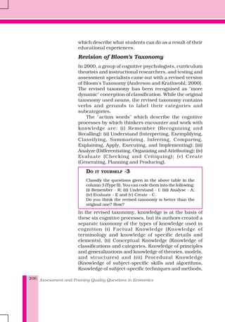 Assessment and Framing Quality Questions in Economics206
which describe what students can do as a result of their
educational experiences.
Revision of Bloom's Taxonomy
In 2000, a group of cognitive psychologists, curriculum
theorists and instructional researchers, and testing and
assessment specialists came out with a revised version
of Bloom's Taxonomy (Anderson and Krathwohl, 2000).
The revised taxonomy has been recognised as "more
dynamic" conception of classification. While the original
taxonomy used nouns, the revised taxonomy contains
verbs and gerunds to label their categories and
subcategories.
The "action words" which describe the cognitive
processes by which thinkers encounter and work with
knowledge are: (i) Remember (Recognizing and
Recalling); (ii) Understand (Interpreting, Exemplifying,
Classifying, Summarizing, Inferring, Comparing,
Explaining, Apply, Executing, and Implementing); (iii)
Analyze (Differentiating, Organizing and Attributing); (iv)
Evaluate (Checking and Critiquing); (v) Create
(Generating, Planning and Producing).
DO IT YOURSELF -3
Classify the questions given in the above table in the
column 3 (Type II). You can code them into the following:
(i) Remember - R; (ii) Understand - I; (iii) Analyse - A;
(iv) Evaluate - E and (v) Create - C.
Do you think the revised taxonomy is better than the
original one? How?
In the revised taxonomy, knowledge is at the basis of
these six cognitive processes, but its authors created a
separate taxonomy of the types of knowledge used in
cognition (i) Factual Knowledge (Knowledge of
terminology and knowledge of specific details and
elements), (ii) Conceptual Knowledge (Knowledge of
classifications and categories, Knowledge of principles
and generalizations and knowledge of theories, models,
and structures) and (iii) Procedural Knowledge
(Knowledge of subject-specific skills and algorithms,
Knowledge of subject-specific techniques and methods,
 