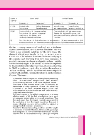Handbook for Economics Teachers 17
(Indian economy, money and banking) and a few basic
aspects in economics, the IB follows a different pattern.
There is no separate syllabus for the first year. The
theoretical topics are taught during the second year in
CBSE and ICSE schools whereas students studying in
IB schools start learning from first year onwards. A
careful examination of course objectives show that the
students studying in ICSE and IB schools are expected
to develop international perspective, students studying
in CBSE schools are required to sensitise themselves in
"nation building". The IB syllabus contains a separate
section with the title, "Internationalism in the Economics
Course." To quote,
"Economics has an important role to play in promoting
such international cooperation and mutual
understanding because of its focus on global issues.
Teachers of the course must aim to promote an
awareness in their students of how the impact of
economics can both improve cooperation and
understanding between countries and, unfortunately,
cause extensive damage.
If all participants in the global economy are to achieve
a better quality of life for their populations, there must
be economic cooperation between all countries. This
does not mean that developed countries must control
the destinies of less-developed countries. Instead, it
means sharing concepts across cultures, against a
background of economic awareness.
To achieve this understanding, students must be taught
to consider economic theories, ideas and happenings
from the points of view of different individuals, nations
and cultures in the world economy. Although complete
Name of First Year Second Year
Agency
Semester 1 Semester 2 Semester 3 Semester 4
CBSE Statistics for Indian Economic Introductory Introductory
Economics Development Microeconomics Macroeconomics
ICSE Four modules: (i) Understanding Four modules: (i) Microeconomic
Economics, (ii) Indian economy- theory, (ii) National Income, (iii)
challenges, (iii) Money and International Trade adn (iv) Public
Banking and (iv) Statistics Finance
IB Five Sections: (i) Introduction to economics; (ii) microeconomics; (iii)
macroeconomics; (iv) international economics adn (v) development economics
 