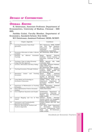 Handbook for Economics Teachers 3
R. Srinivasan, Associate Professor, Department of
Econometrics, University of Madras, Chennai – 600
005;
Ambika Gulati, Faculty Member, Department of
Economics, Sanskriti School, New Delhi
M.V.Srinivasan, Assistant Professor, DESS, NCERT.
DETAILS OF CONTRIBUTORS
OVERALL EDITING
Sl.
No.
Chapter /Appendix Contributor
1 Learning Economics: Some Basic
Questions
M.V. Srinivasan, DESS, NCERT
and Prof. Hari Krishnan,
Department of Education,
Annamalai University,
Chidambaram, Tamil Nadu.
2 Economics Education in India: A Review
of Syllabi
M.V.Srinivasan, DESS, NCERT.
3 Planning for Effective Economics
Teaching
Manju Agarwal, Associate
Professor, Central Institute of
Education, University of Delhi,
Delhi.
4 Teaching a Topic in Indian Economy
Using Unit Plan Approach
Manju Agarwal, CIE, Delhi
University, Delhi.
5 Lectures, Discussions and Story Telling Jaya Singh, Assistant Professor,
DESS, NCERT and
M.V.Srinivasan, DESS, NCERT.
6 Teaching Economics Through Problems Pratima Kumari, Assistant
Professor, DESS, NCERT and
M.V.Srinivasan, DESS.
7 Simulation Games and Teaching
Economics
Kartar Singh, Assistant
Professor, Institute of Advanced
Studies in Education, Jamia
Milia Islamia, New Delhi.
8 Using Media and Technology in
Economics Classrooms
Ambika Gulati, Head of the
Department, Department of
Economics, Sanskriti School,
New Delhi.
9 Importance of Mathematics in Teaching
Economics
Ashita Raveendran, Assistant
Professor, DESS, NCERT.
10 Basic Mathematical Tools in Economic
Analysis
Ashita Raveendran
11 Use of Algebraic Equations and Graphs R.Srinivasan, Department of
Econometrics, University of
Madras and M.V.Srinivasan,
DESS, NCERT.
12 Concept Mapping and Use of Flow
Charts
Subrata Kundu, Principal,
Sesomu School, Sri Dungagarh,
District Bikaner, Rajasthan.
13 Assessment and Framing Quality
Questions in Economics
Pratima Kumari and Prof. Hari
Krishnan
Reference Materials for Teachers and
Students (Appendix)
Prof. Rama Gopal, Department
of Economics, Annamalai
University, Chidambaram, Tamil
Nadu and M.V.Srinivasan,
DESS, NCERT.
 