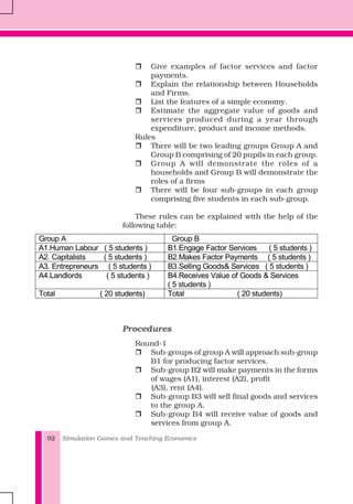 Simulation Games and Teaching Economics92
Give examples of factor services and factor
payments.
Explain the relationship between Households
and Firms.
List the features of a simple economy.
Estimate the aggregate value of goods and
services produced during a year through
expenditure, product and income methods.
Rules
There will be two leading groups Group A and
Group B comprising of 20 pupils in each group.
Group A will demonstrate the roles of a
households and Group B will demonstrate the
roles of a firms
There will be four sub-groups in each group
comprising five students in each sub-group.
These rules can be explained with the help of the
following table:
Group A Group B
A1.Human Labour ( 5 students ) B1.Engage Factor Services ( 5 students )
A2. Capitalists ( 5 students ) B2.Makes Factor Payments ( 5 students )
A3. Entrepreneurs ( 5 students ) B3.Selling Goods& Services ( 5 students )
A4.Landlords ( 5 students ) B4.Receives Value of Goods & Services
( 5 students )
Total ( 20 students) Total ( 20 students)
Procedures
Round-1
Sub-groups of group A will approach sub-group
B1 for producing factor services.
Sub-group B2 will make payments in the forms
of wages (A1), interest (A2), profit
(A3), rent (A4).
Sub-group B3 will sell final goods and services
to the group A.
Sub-group B4 will receive value of goods and
services from group A.
 