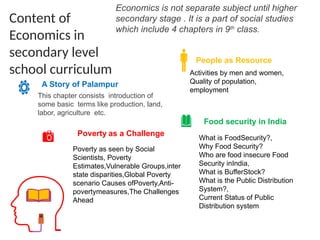 Economics is not separate subject until higher
secondary stage . It is a part of social studies
which include 4 chapters in 9th
class.
This chapter consists introduction of
some basic terms like production, land,
labor, agriculture etc.
A Story of Palampur
What is FoodSecurity?,
Why Food Security?
Who are food insecure Food
Security inIndia,
What is BufferStock?
What is the Public Distribution
System?,
Current Status of Public
Distribution system
Food security in India
Activities by men and women,
Quality of population,
employment
People as Resource
Poverty as seen by Social
Scientists, Poverty
Estimates,Vulnerable Groups,inter
state disparities,Global Poverty
scenario Causes ofPoverty,Anti-
povertymeasures,The Challenges
Ahead
Poverty as a Challenge
Content of
Economics in
secondary level
school curriculum
 
