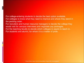 For college-entering students to decide the best option available.
For colleges to know what they need to improve and where they stand in
the pecking order.
For recruiters and human resource managers to decide the college they
would visit for campus interviews and negotiate pay packages.
For the teaching faculty to decide which colleges to aspire to teach in.
For students and alumni, for whom it is a matter of pride.




                     Vinay Chidri, Asso. Prof. & Head,Mech. Dept. MIT, Aurangabad   18
 
