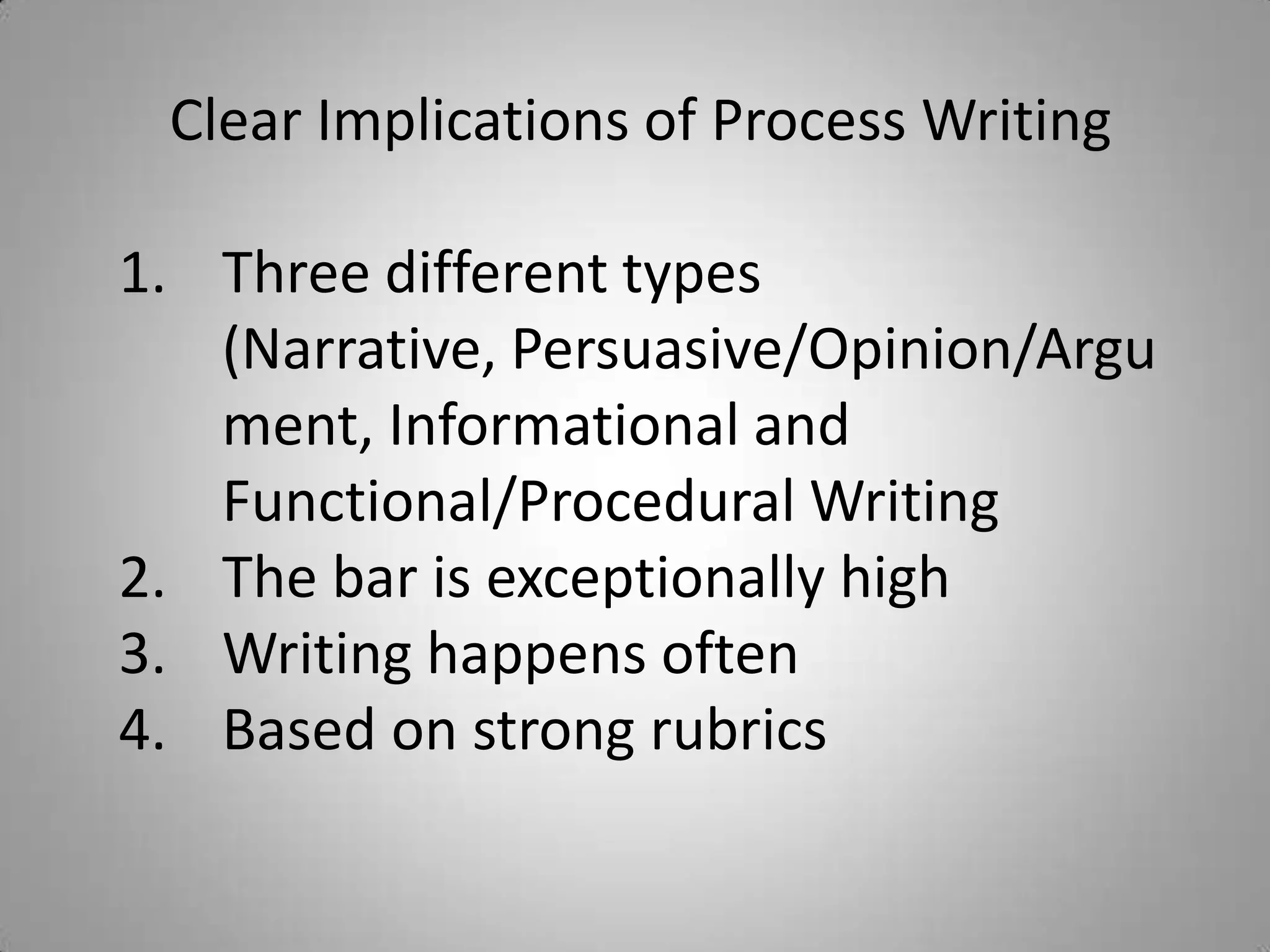 Clear Implications of Process Writing

1. Three different types
   (Narrative, Persuasive/Opinion/Argu
   ment, Informational and
   Functional/Procedural Writing
2. The bar is exceptionally high
3. Writing happens often
4. Based on strong rubrics
 