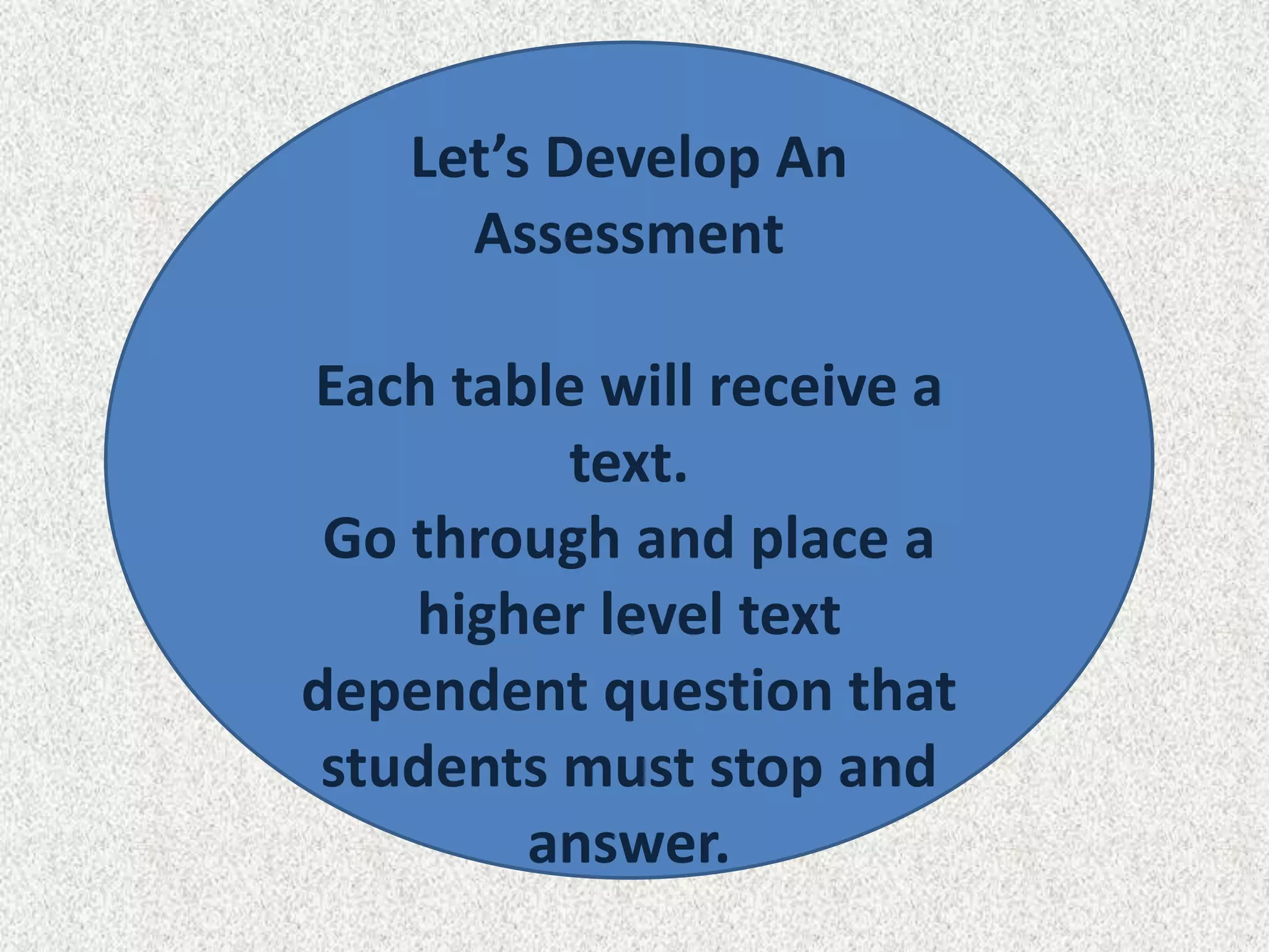 Let’s Develop An
      Assessment

Each table will receive a
          text.
 Go through and place a
    higher level text
dependent question that
 students must stop and
        answer.
 