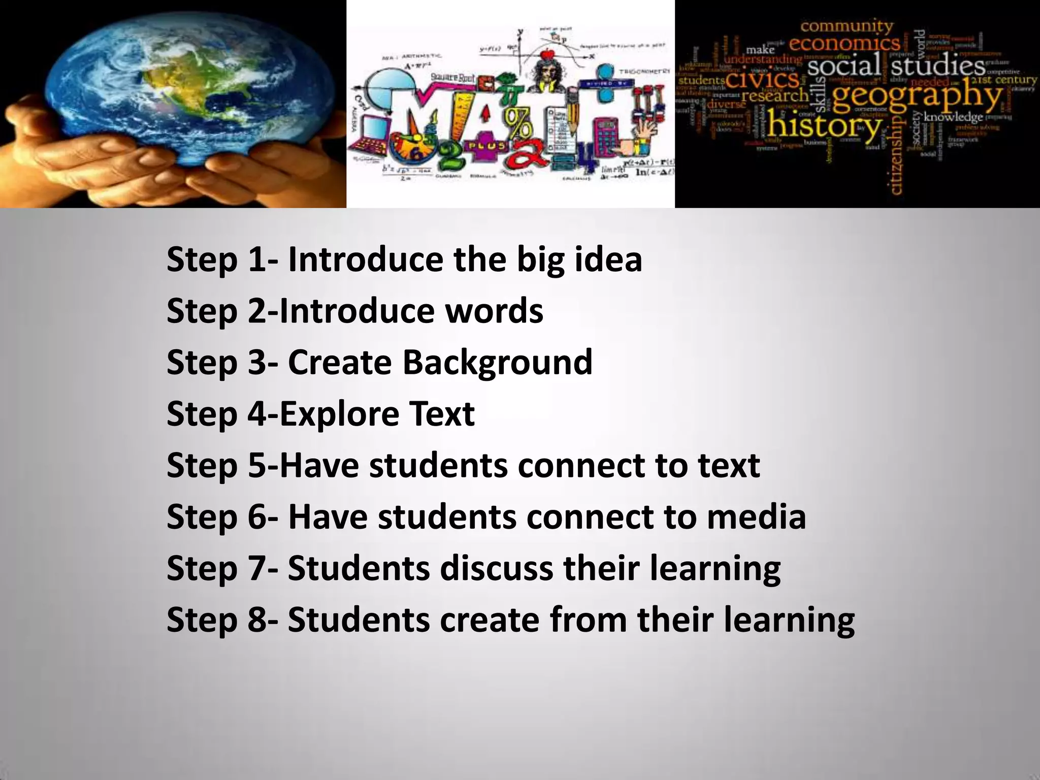 Step 1- Introduce the big idea
Step 2-Introduce words
Step 3- Create Background
Step 4-Explore Text
Step 5-Have students connect to text
Step 6- Have students connect to media
Step 7- Students discuss their learning
Step 8- Students create from their learning
 