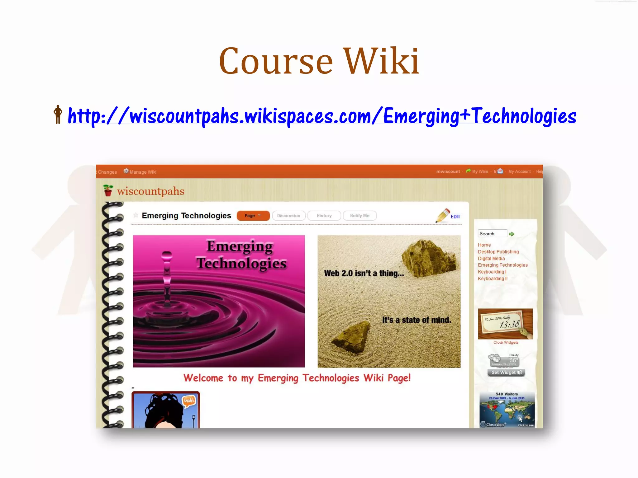Course Wiki
http://wiscountpahs.wikispaces.com/Emerging+Technologies
 