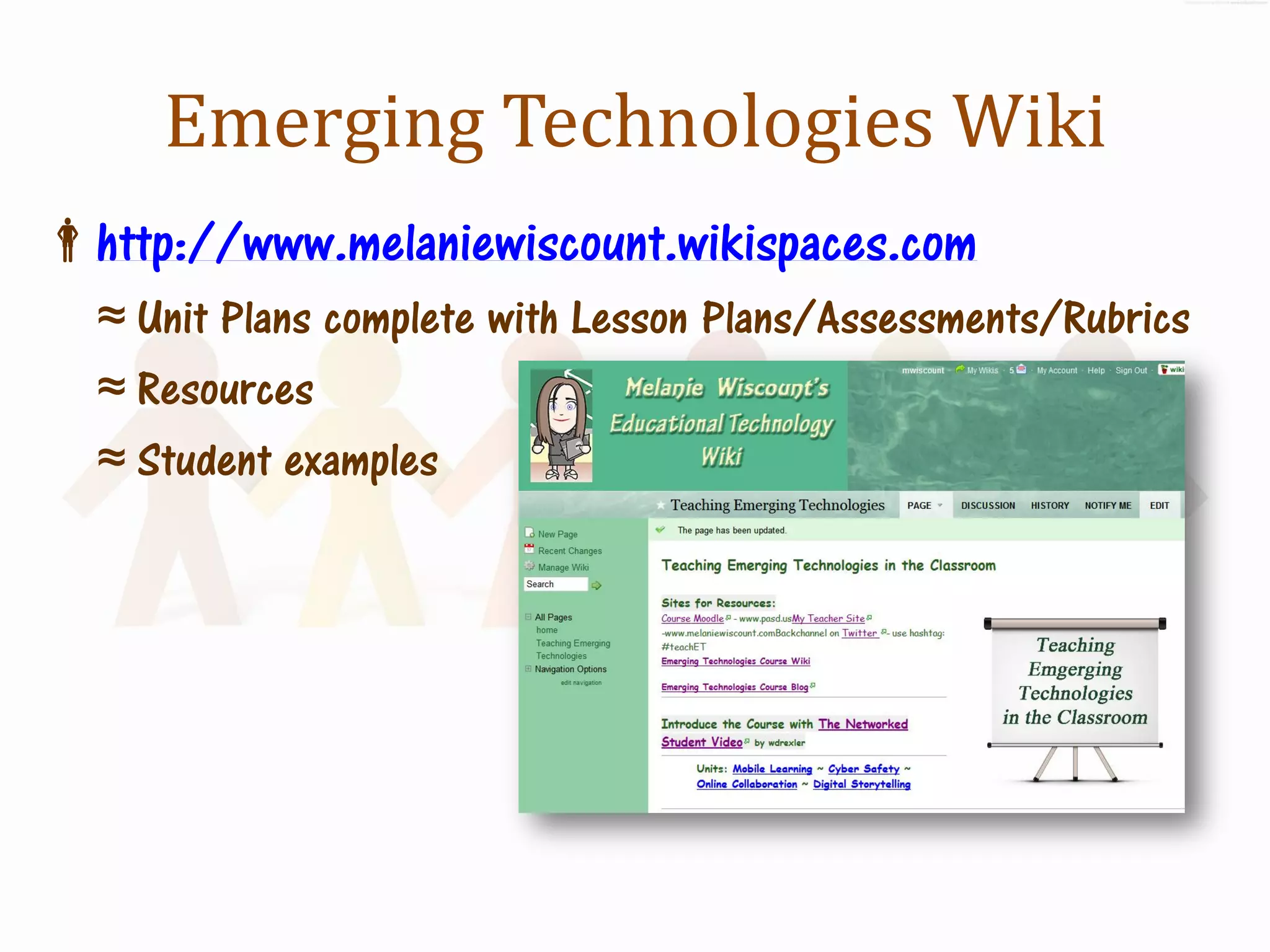 Emerging Technologies Wiki
http://www.melaniewiscount.wikispaces.com
  ≈ Unit Plans complete with Lesson Plans/Assessments/Rubrics
  ≈ Resources
  ≈ Student examples
 