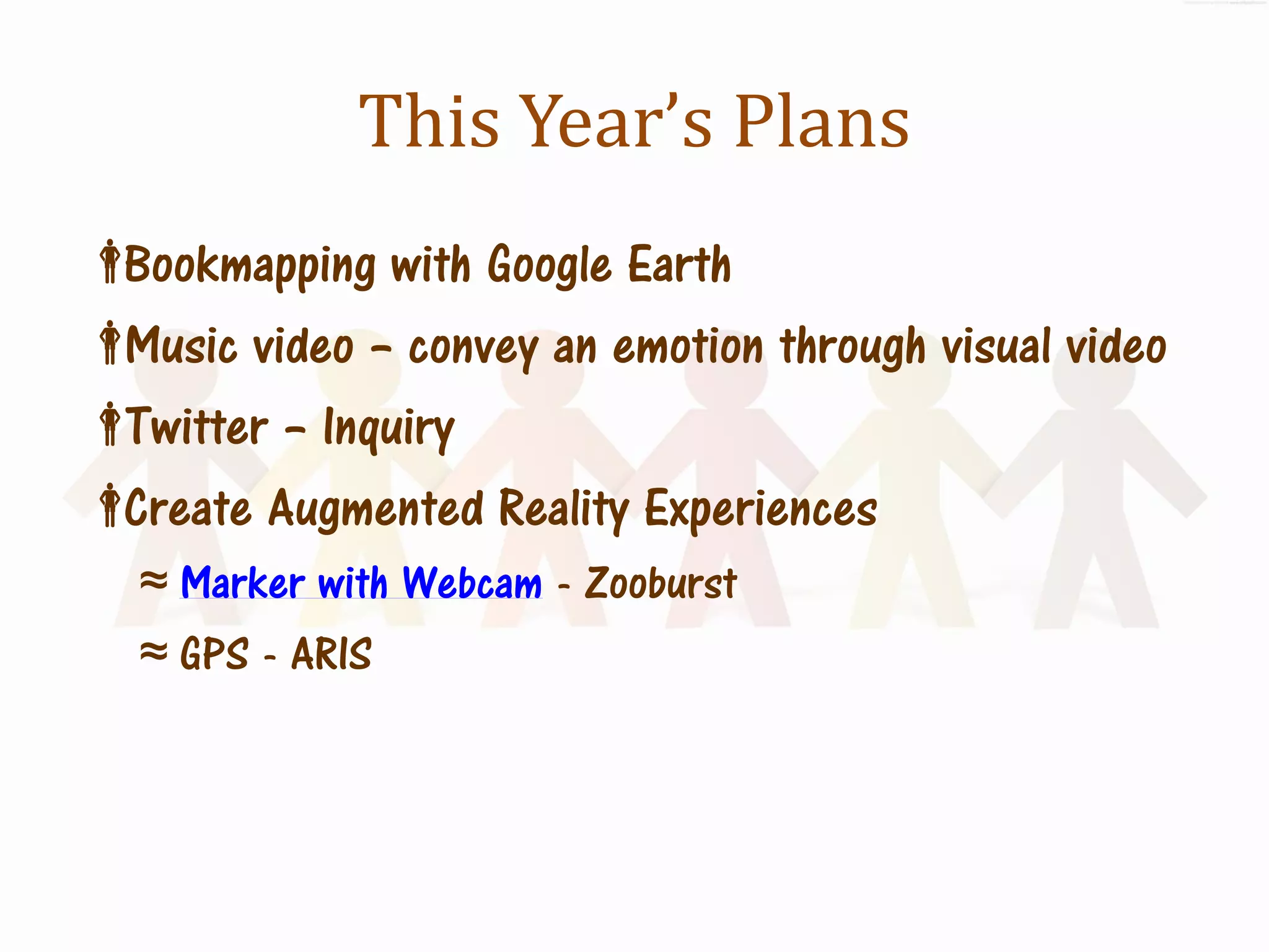 This Year’s Plans
Bookmapping with Google Earth
Music video – convey an emotion through visual video
Twitter – Inquiry
Create Augmented Reality Experiences
   ≈ Marker with Webcam - Zooburst
   ≈ GPS - ARIS
 