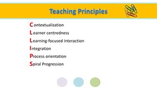 C
L
L
I
P
S
ontextualization
earner centredness
earning-focused interaction
ntegration
rocess orientation
piral Progression
 