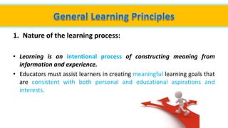 1. Nature of the learning process:
• Learning is an intentional process of constructing meaning from
information and experience.
• Educators must assist learners in creating meaningful learning goals that
are consistent with both personal and educational aspirations and
interests.
 