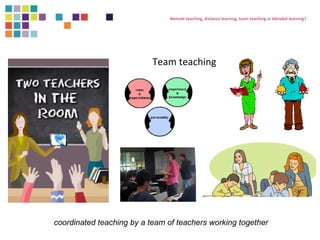 Remote teaching, distance learning, team teaching or blended learning? 
Team teaching 
coordinated teaching by a team of teachers working together 
 
