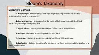 Cognitive Domain
1. Knowledge – Remembering or recognizing something without necessarily
understanding, using or changing it.
2. Comprehension – Understanding the material being communicated without
necessarily relating it to anything else.
3. Application – Using a general concept to solve a particular problem.
4. Analysis – Breaking something down into its parts.
5. Synthesis – Creating something new by combining different ideas
6. Evaluation – Judging the value of materials or methods as they might be applied in a
particular situation.
Bloom’s Taxonomy
 