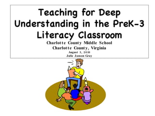 Teaching for Deep Understanding in the PreK-3 Literacy Classroom Charlotte County Middle School Charlotte County, Virginia August 3, 2010 Julie Janson Gray 