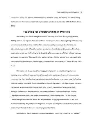 Teaching for Understanding Framework in Practice